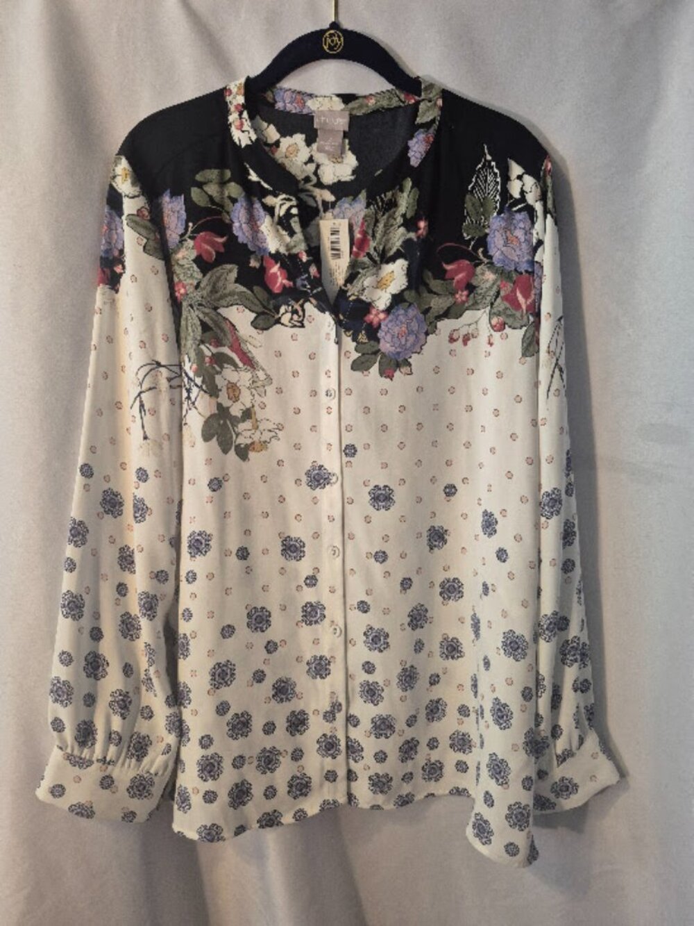 Chico’s | Multicolored Foulard Floral Button Front V-Neck Blouse Shirt, Size 2